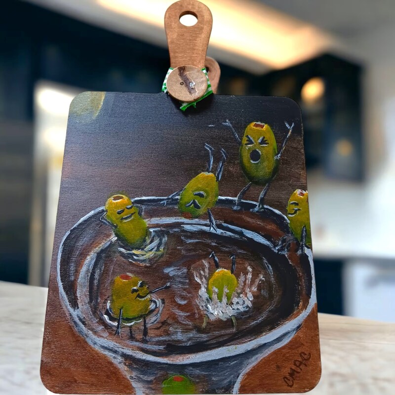 Acrylic Painted Craft Cutting Board Olive Martini Party